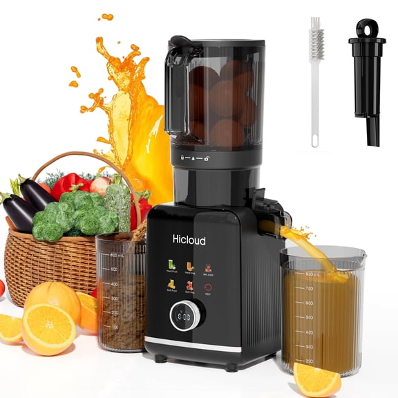 Cold Press Juicer, Hicloud 200W Juicer Machines with 4.4" Large Feed Chute, Electronic 5-Speed Masticating Juicer for Whole Vegetables & Fruits, High Hicloud Juice Yield Juice Maker, Black