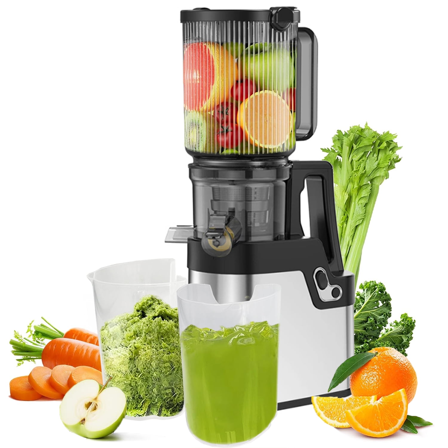 Cold Press Juicer Machine, 250W Slow Masticating Juicer with 4.2" Wide Feed Chute, for Whole Fruits and Vegetables, High Juice Yield, Quiet Motor, Easy to Clean, Silver