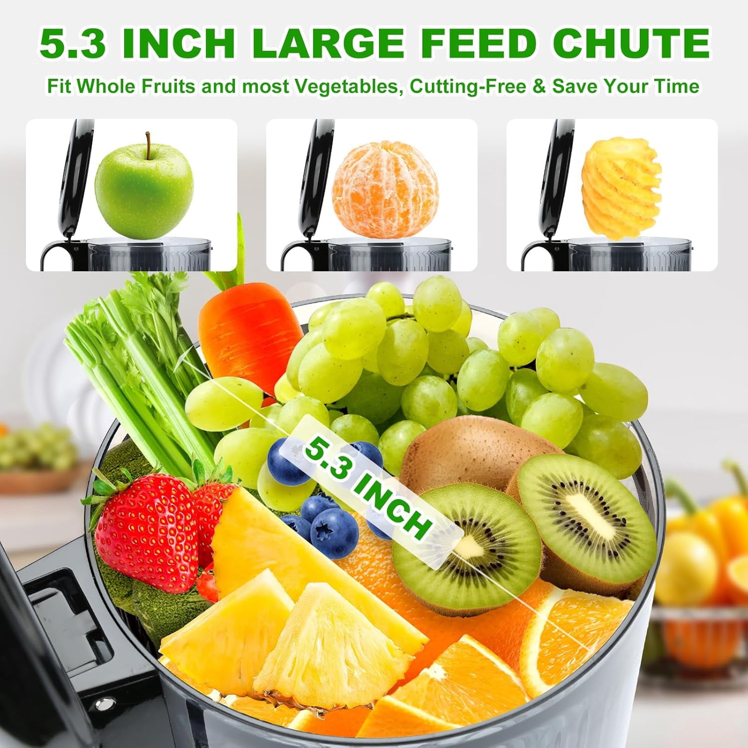 Cold Press Juicer  with 5.3 Inch Large Feed Chute for Whole Fruit Vegetable, 300W Slow Masticating Extractor, Easy Clean