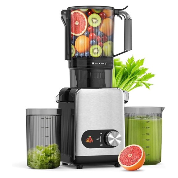 Cold Press Juicer Machines, Large Feed Chute Juice Extractor Self Feeding Machine, High Juice Yield, Slow Masticating Juicer for Whole Vegetables & Fruits, Stainless Steel & Black