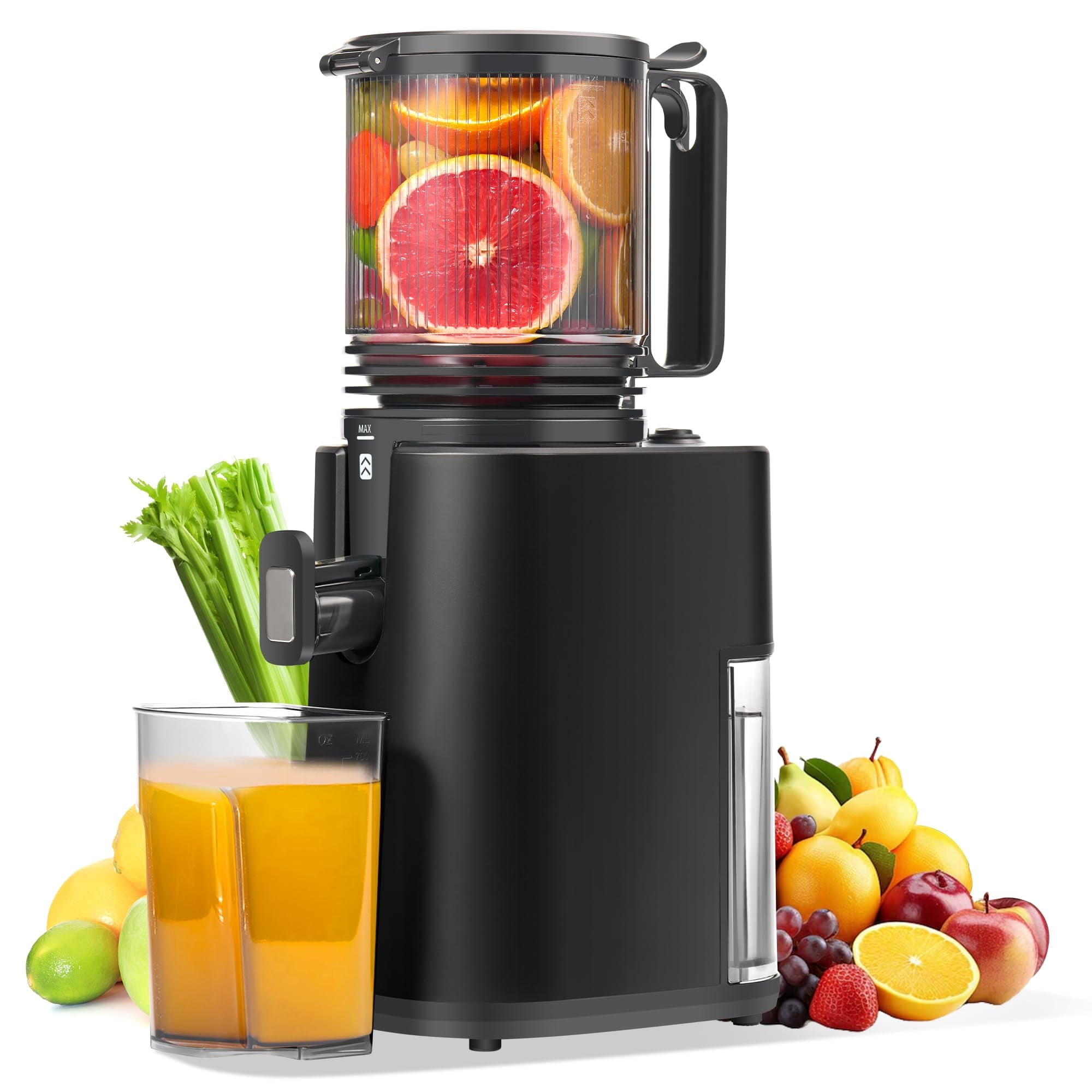 Cold Press Masticating Juicer with 350W AC Motor, 5.4" Wide Feed Chute, Slow Juicer for Whole Fruits & Vegetables, High Juice Yield, Easy to Clean – Black