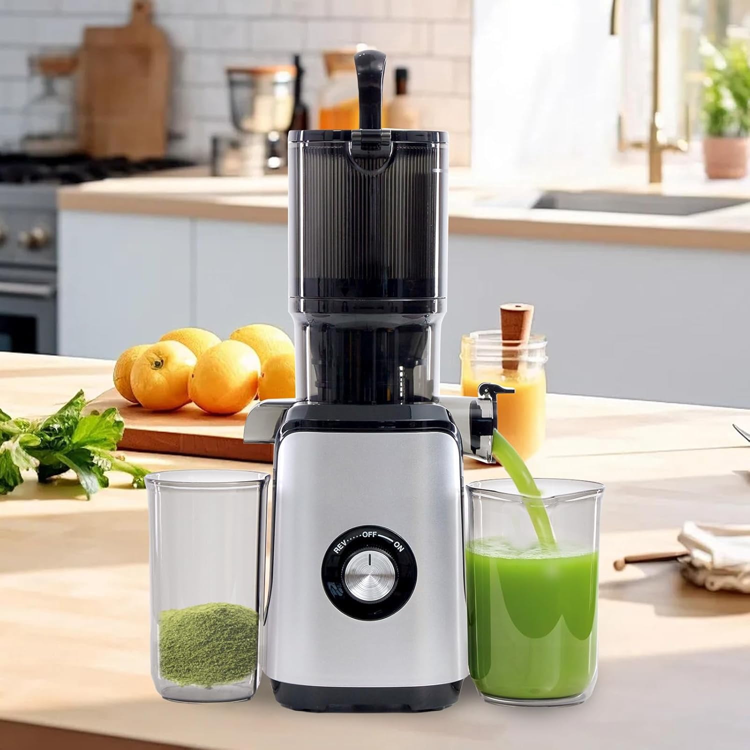 Cold Press Juicer Machines, Masticating Juicer with High  Yield, Reverse Function, Stops Oxidation and Easy to Clean for Vegetables & Fruits, Silver