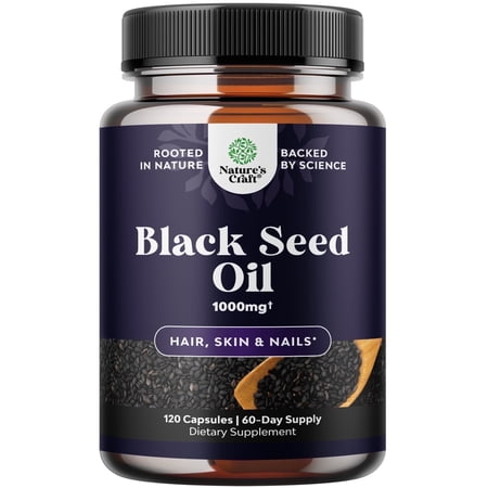 Natures Craft Cold Pressed Black Seed Oil Supplement Capsules with Omega 3 6 9 for Hair, Skin & Nails, Halal, 120 Count