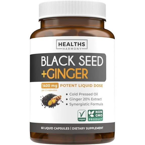 Healths Harmony Cold-Pressed Black Seed Oil Capsules with Ginger, Digestive Health Support, 60 Count
