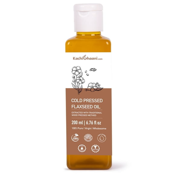 KachiGhaani Cold Pressed Flaxseed Oil, 100% Virgin, 6.76 Fl oz / 200 ml, Wood-Pressed Extraction