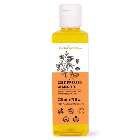 KachiGhaani Cold Pressed Sweet Almond Oil, 100% Virgin, 6.76 fl oz / 200 ml, Wood Pressed Extraction