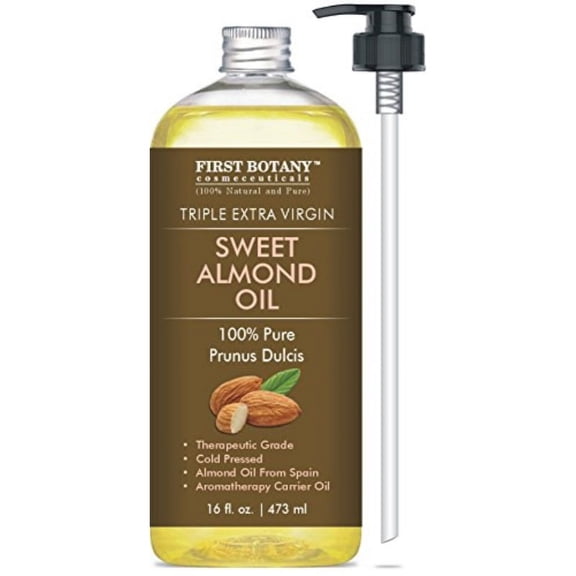 First Botany Cosmeceuticals, Cold Pressed Sweet Almond Oil - Triple AAA+ Grade Quality, For Hair, For Skin and For Face, 100% Pure and Natural with Pump dispenser, 16 fl oz