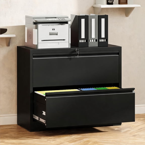 Cold-Rolled Steel 35.4 Inch Wide 2-Drawer Lateral File Cabinet, Professional Modern Deep Black for Home Office