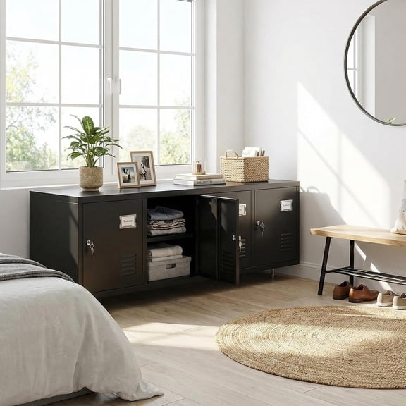 Cold Rolled Steel Horizontal Panel Wardrobe with Four Doors, Durable Steel Cabinet, Space Saving Wall Cabinet, Black Steel Wardrobe, Metal Storage Cabinet, and Steel Closet with Doors