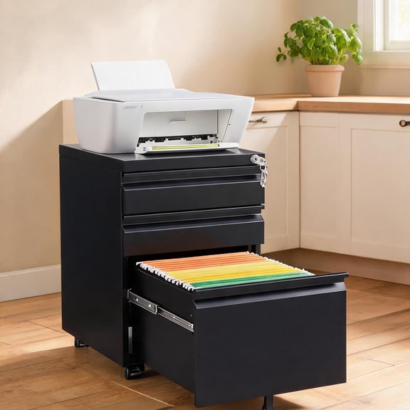 Cold Rolled Steel Matte Black Lockable Mobile File Cabinet for Home Office Document Storage, Modern Minimalist Industrial Style