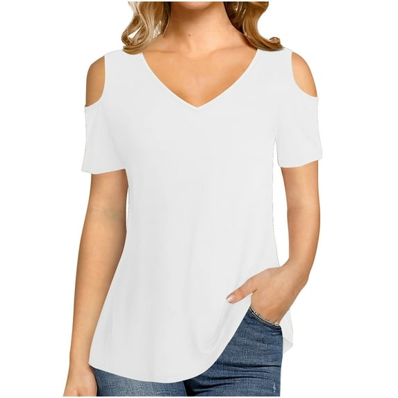 Cold Shoulder Basic Tee Tops Shirts Solid Color V-Neck Shirt Summer Short Sleeve Casual Blouses