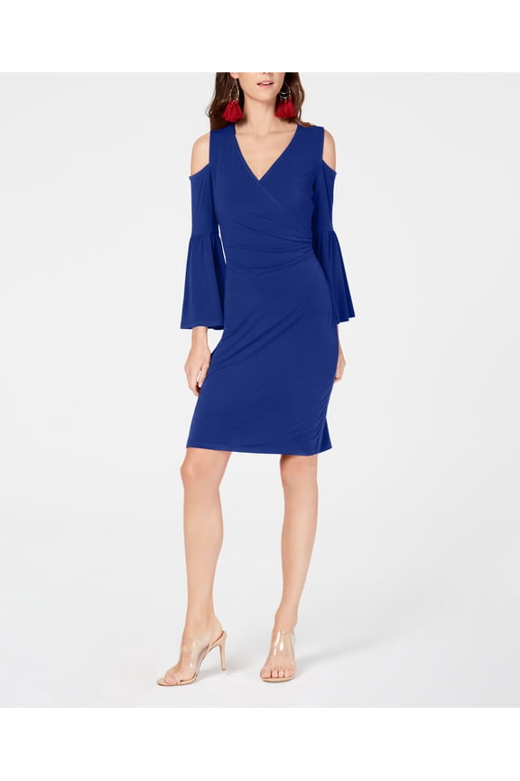 Cold Shoulder Bell Sleeve Dress Bright Blue XS