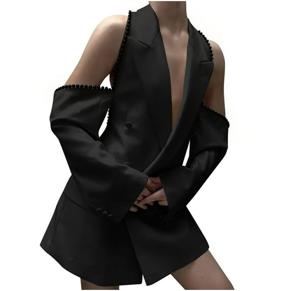 Cold Shoulder Blazer Dress for Women 2025 Pearl Decor Deep V Neck Double Breasted Elegant Party Cocktail Mini Dresses Black M