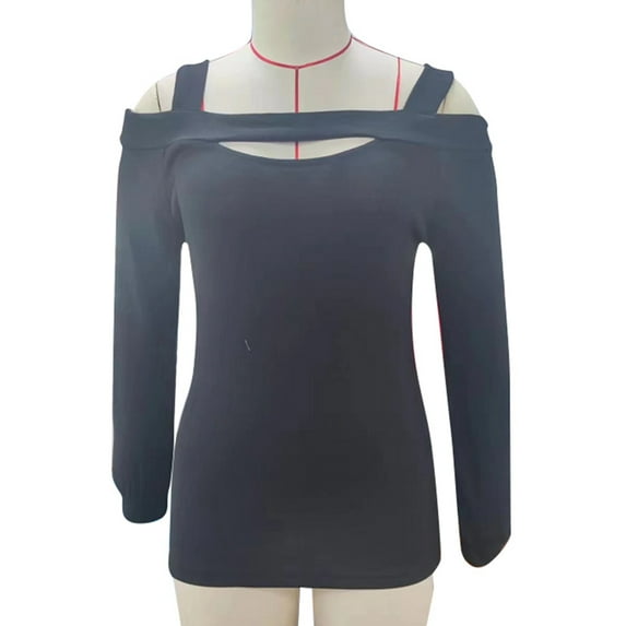 Cold Shoulder Blouse Top Plain Color Long Sleeve Cold Shoulder Shirt for Women Dating Black XL