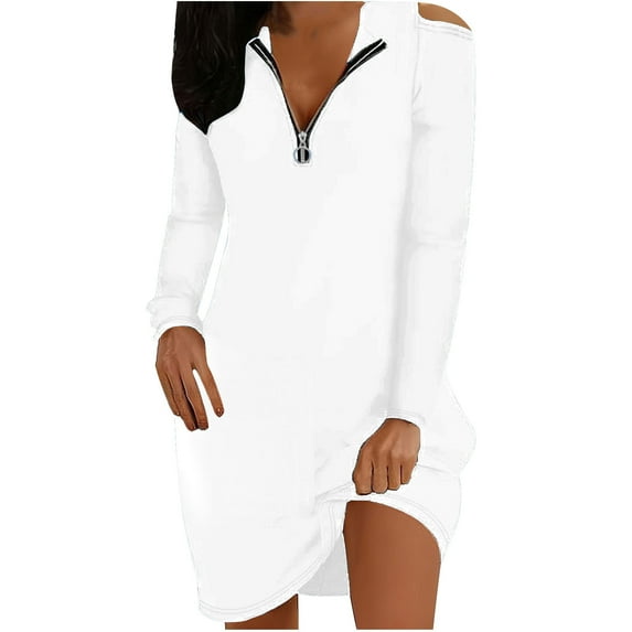 Cold Shoulder Casual Mini Dress for Women Long Sleeve Tunic A Line Quarter Zip Knee Length Summer Short Dress 2024 White,L
