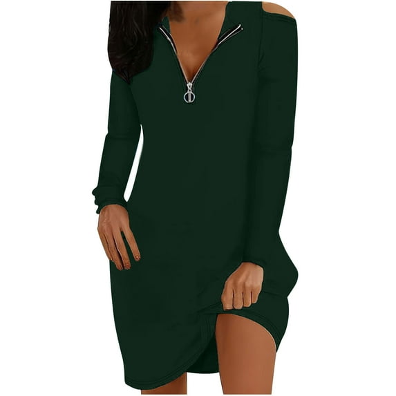 Cold Shoulder Casual Mini Dress for Women Long Sleeve Tunic A Line Quarter Zip Knee Length Summer Short Dress 2025 Green,XL