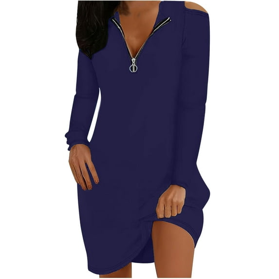 Cold Shoulder Casual Mini Dress for Women Long Sleeve Tunic A Line Quarter Zip Knee Length Summer Short Dress 2025 Purple,XL