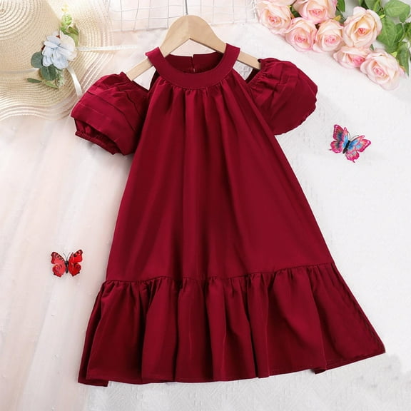 Cold Shoulder Dresses for Girls Size 4-8 Toddlers Kids Cute Short Puffed Sleeve Crewneck Solid Color Pullover Vacation Beach Dress