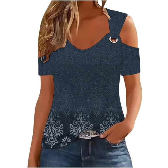 Cold Shoulder Eyelet Tops for Women Trendy Casual Floral Print V Neck Strappy Dressy Tunic Blouse Tees (M, Navy)