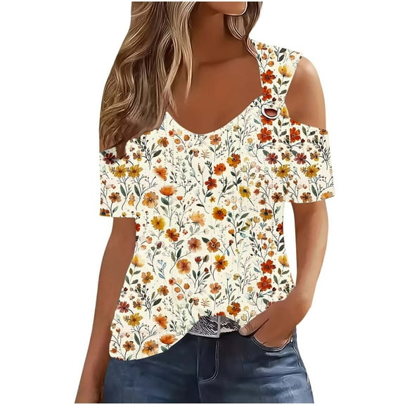 Cold Shoulder Floral Tops for Women Summer V Neck Eyelet Embroidery Tshirts Trendy Short Sleeve Tee