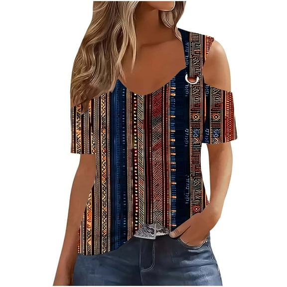 Cold Shoulder Floral Tops for Women Summer V Neck Eyelet Embroidery Tshirts Trendy Short Sleeve Tee