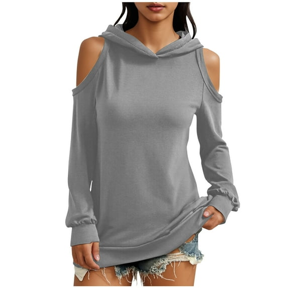 Cold Shoulder Hoodies Sweatshirt for Women Pullover Casual Long Sleeve Solid Color Tunic Tops Sexy Loose T-Shirts