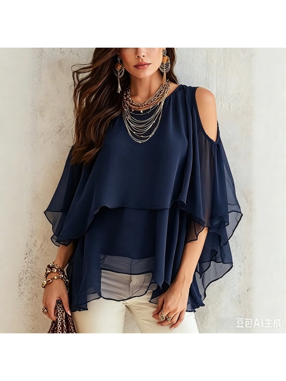 Cold Shoulder Layered Chiffon Blouse Ruffle Sheer Loose Tunic Top for Summer Women Gauze Lightweight Breathable Tees Trendy Tunic Vacation Club Date Night Outfits, Navy XL