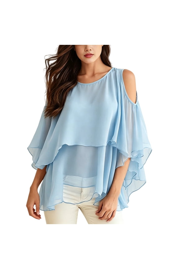 Cold Shoulder Layered Chiffon Blouse Ruffle Sheer Loose Tunic Top for Summer Women Gauze Lightweight Breathable Tees Tunic Vacation Club Date Night Outfits, Light Blue 3XL