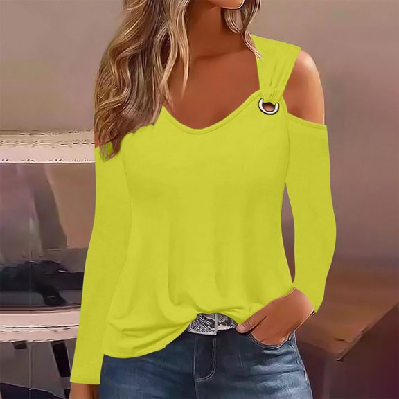 Cold Shoulder Long Sleeve Shirts for Women Twist Knot V Neck Tops Fall Casual Soild Color Basic Tees Shirts