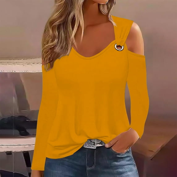 Cold Shoulder Long Sleeve Shirts for Women Twist Knot V Neck Tops Fall Casual Soild Color Basic Tees Shirts