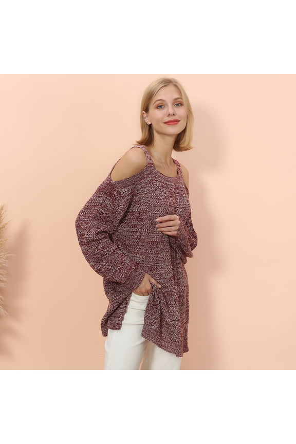 Cold Shoulder Long Sleeve Side Slit Oversized Knit Sweater for Women