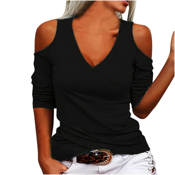 Cold Shoulder Long Sleeve Tops For Women V Neck Tunic Blouses Solid Color Casual Pullover Top Shirts Vestidos Largos De Verano Para Mujer Long Sleeve Shirts For Women