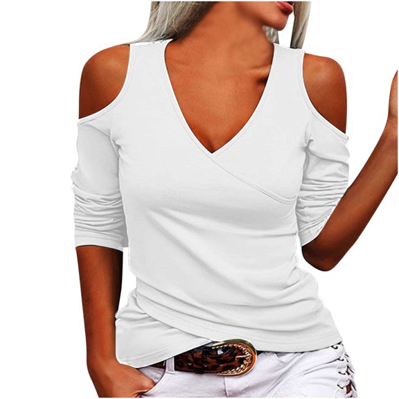 Sexy Cold Shoulder Long Sleeve Tops For Women V Neck Tunic Blouses Solid Color Casual Pullover Top Shirts Vestidos Largos De Verano Para Mujer Summer Tops For Women 2022