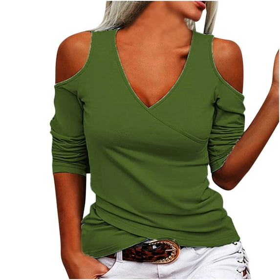 Sexy Cold Shoulder Long Sleeve Tops For Women V Neck Tunic Blouses Solid Color Casual Pullover Top Shirts Womens Summer Tops Vestidos Largos De Verano Para Mujer