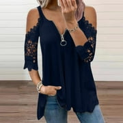 SCKARLE Cold Shoulder Plus Size Tunics Tops for Women, Sexy Lace Short Sleeve T Shirts Summer Casual Top Blouses with Zipper
