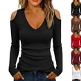 thumbnail image 1 of Cold Shoulder Ribbed Top for Women Long Sleeve Slim Fit Deep V Neck Fitted Knit Shirt Fall Versatile Comfy Casual Basic Blouse Black XL, 1 of 7