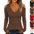 thumbnail image 1 of Cold Shoulder Ribbed Top for Women Long Sleeve Slim Fit Deep V Neck Fitted Knit Shirt Fall Versatile Comfy Casual Basic Blouse Brown XXL, 1 of 9