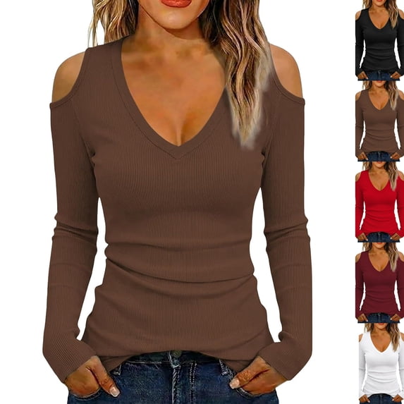 Cold Shoulder Ribbed Top for Women Long Sleeve Slim Fit Deep V Neck Fitted Knit Shirt Fall Versatile Comfy Casual Basic Blouse Brown XXL