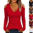 thumbnail image 1 of Cold Shoulder Ribbed Top for Women Long Sleeve Slim Fit Deep V Neck Fitted Knit Shirt Fall Versatile Comfy Casual Basic Blouse Red XXL, 1 of 7