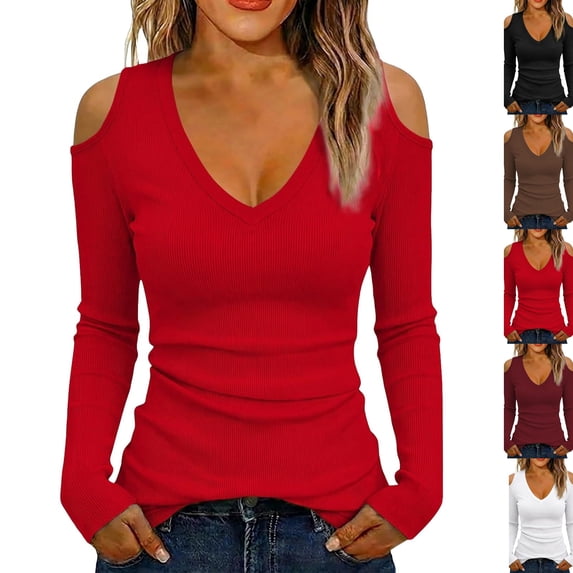 Cold Shoulder Ribbed Top for Women Long Sleeve Slim Fit Deep V Neck Fitted Knit Shirt Fall Versatile Comfy Casual Basic Blouse Red XXL