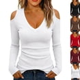 thumbnail image 1 of Cold Shoulder Ribbed Top for Women Long Sleeve Slim Fit Deep V Neck Fitted Knit Shirt Fall Versatile Comfy Casual Basic Blouse White S, 1 of 7