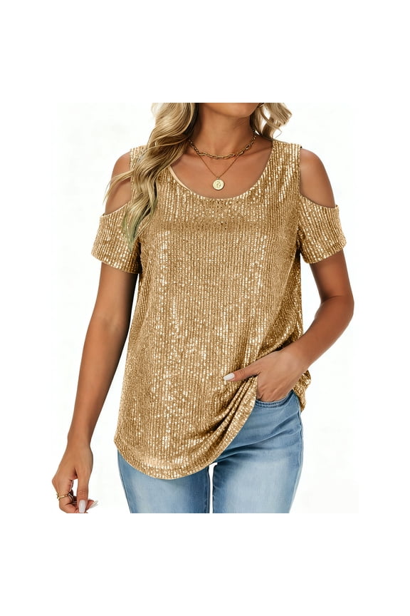 Cold Shoulder Sequin Party Shirts for Women Dressy Loose Sparkle Short Sleeve Blouse Elegant Business Casual Tops