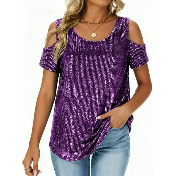 Cold Shoulder Sequin Party Shirts for Women Dressy Loose Sparkle Short Sleeve Blouse Elegant Business Casual Tops