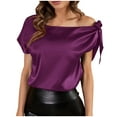 thumbnail image 1 of Cold Shoulder Tops for Women Elegant Satin Blouse Plain Summer T Shirts Casual Loose Lightweight Regular Tee Shirt Ladies Short Sleeve Business Office Work Top, 1 of 5