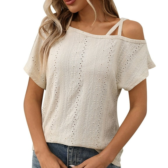 Cold Shoulder Tops For Women Strap Short Sleeve Shirts Eyelet Tunic Blouses Plain Basic T Shirts Causal Trendy Tee Shirt Vacation Workout Clothing Summer 2025
