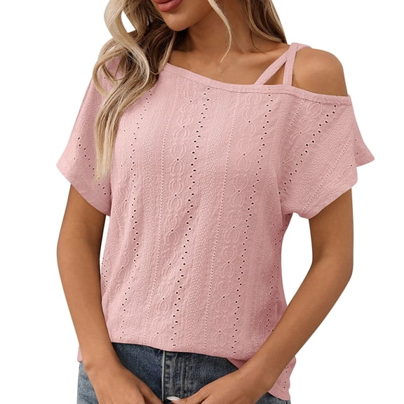 Cold Shoulder Tops For Women Strap Short Sleeve Shirts Eyelet Tunic Blouses Plain Basic T Shirts Causal Trendy Tee Shirt Vacation Workout Clothing Summer 2025