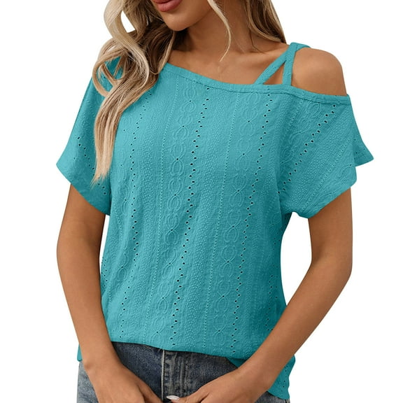 Cold Shoulder Tops For Women Strap Short Sleeve Shirts Eyelet Tunic Blouses Plain Basic T Shirts Causal Trendy Tee Shirt Vacation Workout Clothing Summer 2025
