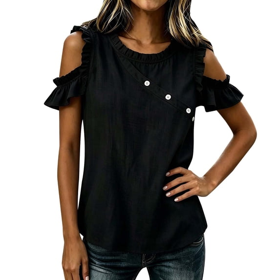 Cold Shoulder Tops For Womenruffled Trim Short Sleeve Dressy Blouse Decorative Button Casual Shirt Business Casual Short Sleeve Tshirts Work Outfits Black L