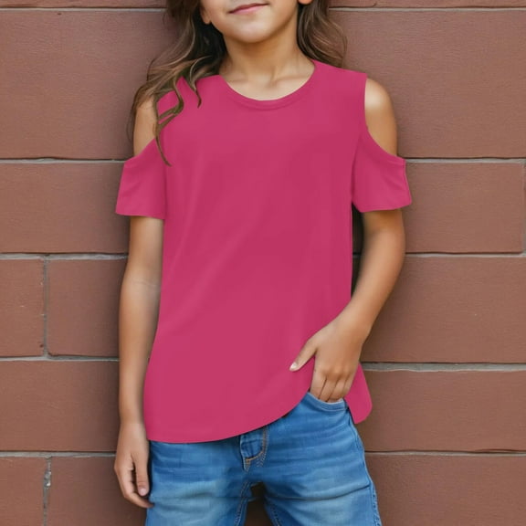 Cold Shoulder Tops for Girls 3-12 Years Kids Trendy Short Sleeve Crewneck T-Shirts Teens Juniors Casual Solid Pullover Tees Top