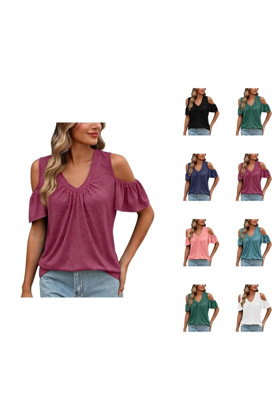Cold Shoulder Tops for Women 2026 Summer Ruffled Short Sleeve V Neck Pleated Front Dressy Casual Work T Shirts Work Blouse